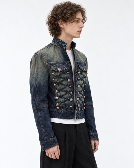 Denim Military Jacket with Button Rows