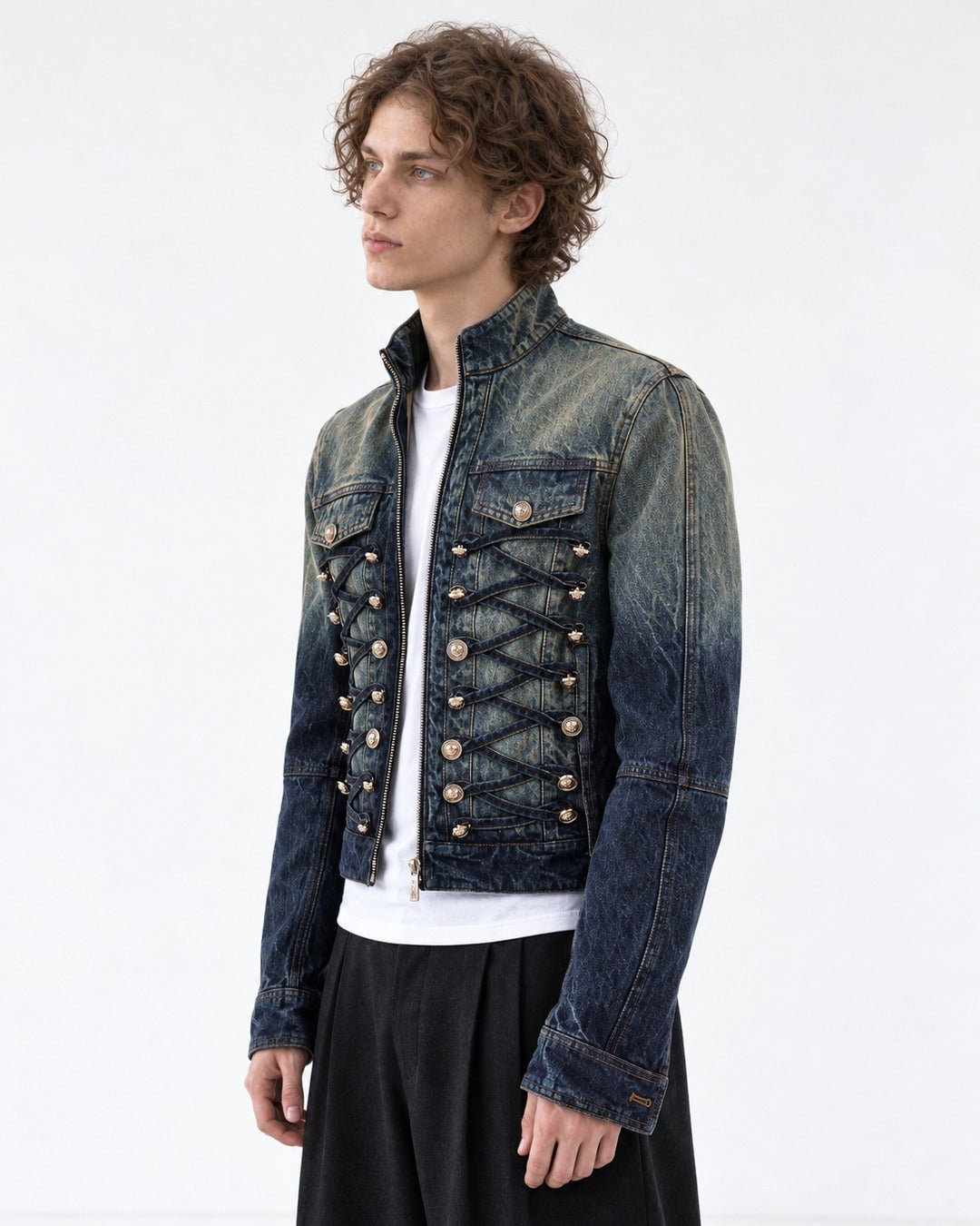 Denim Military Jacket with Button Rows
