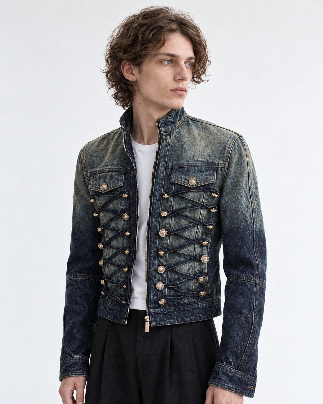 Denim Military Jacket with Button Rows