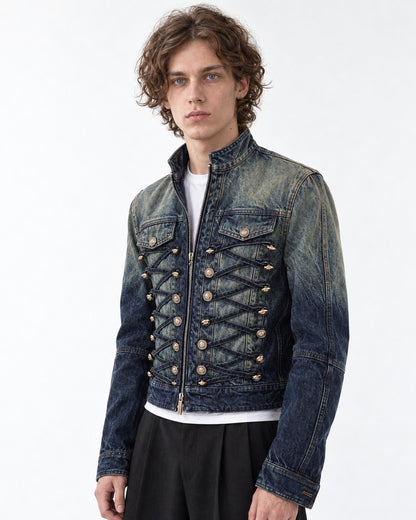 Denim Military Jacket with Button Rows