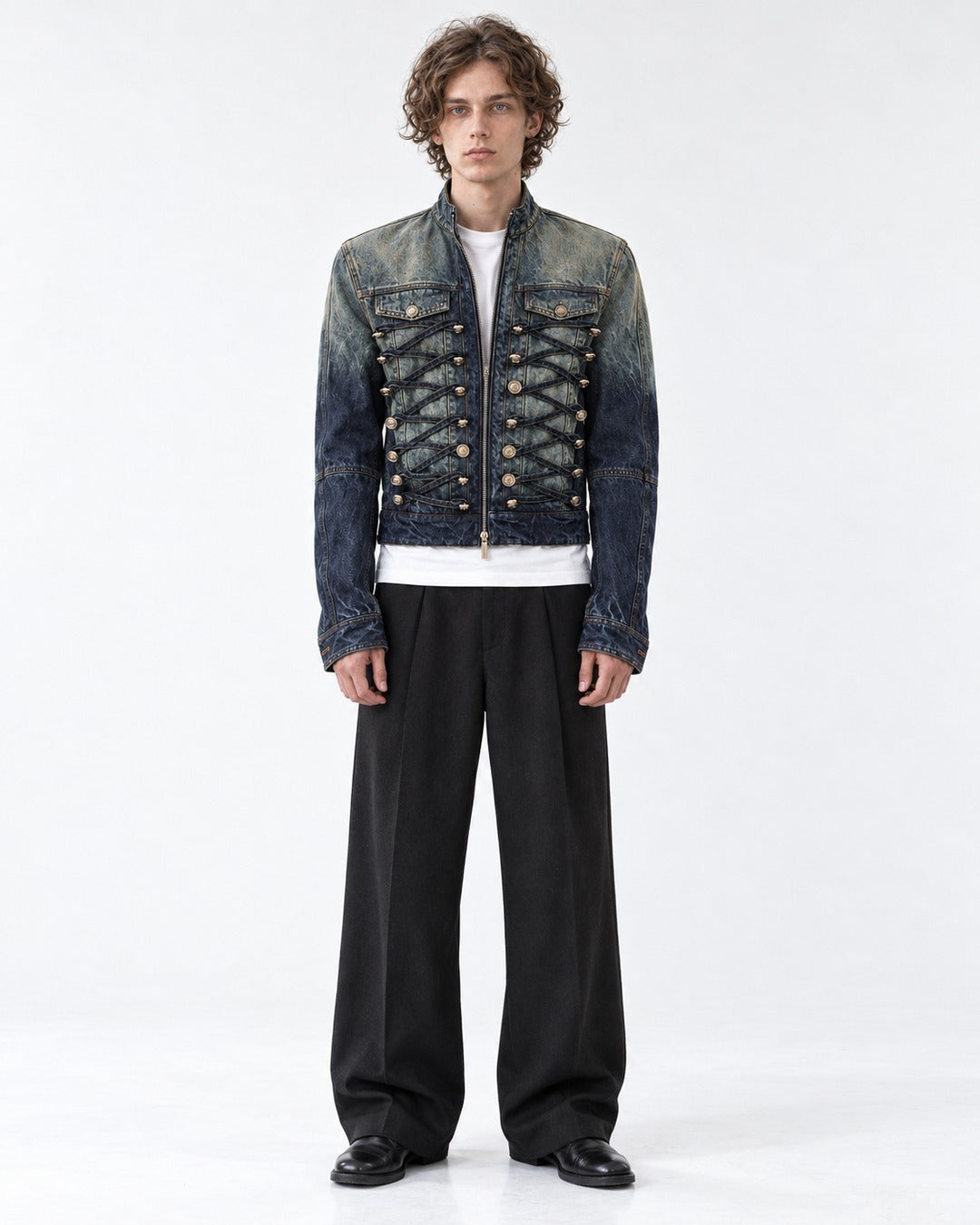 Denim Military Jacket with Button Rows