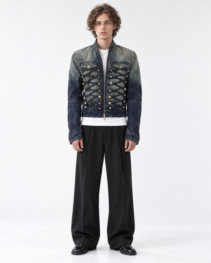 Denim Military Jacket with Button Rows