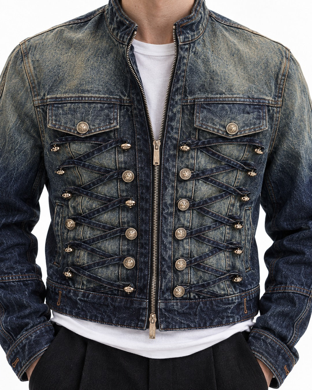 Denim Military Jacket with Button Rows
