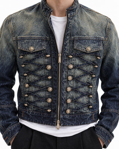 Denim Military Jacket with Button Rows