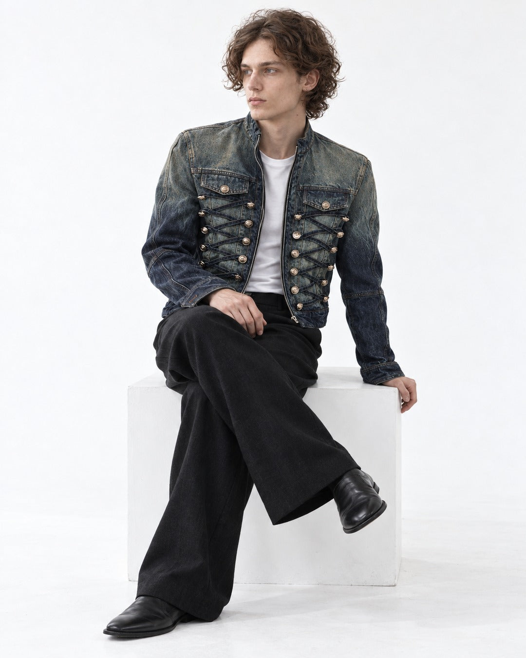 Denim Military Jacket with Button Rows