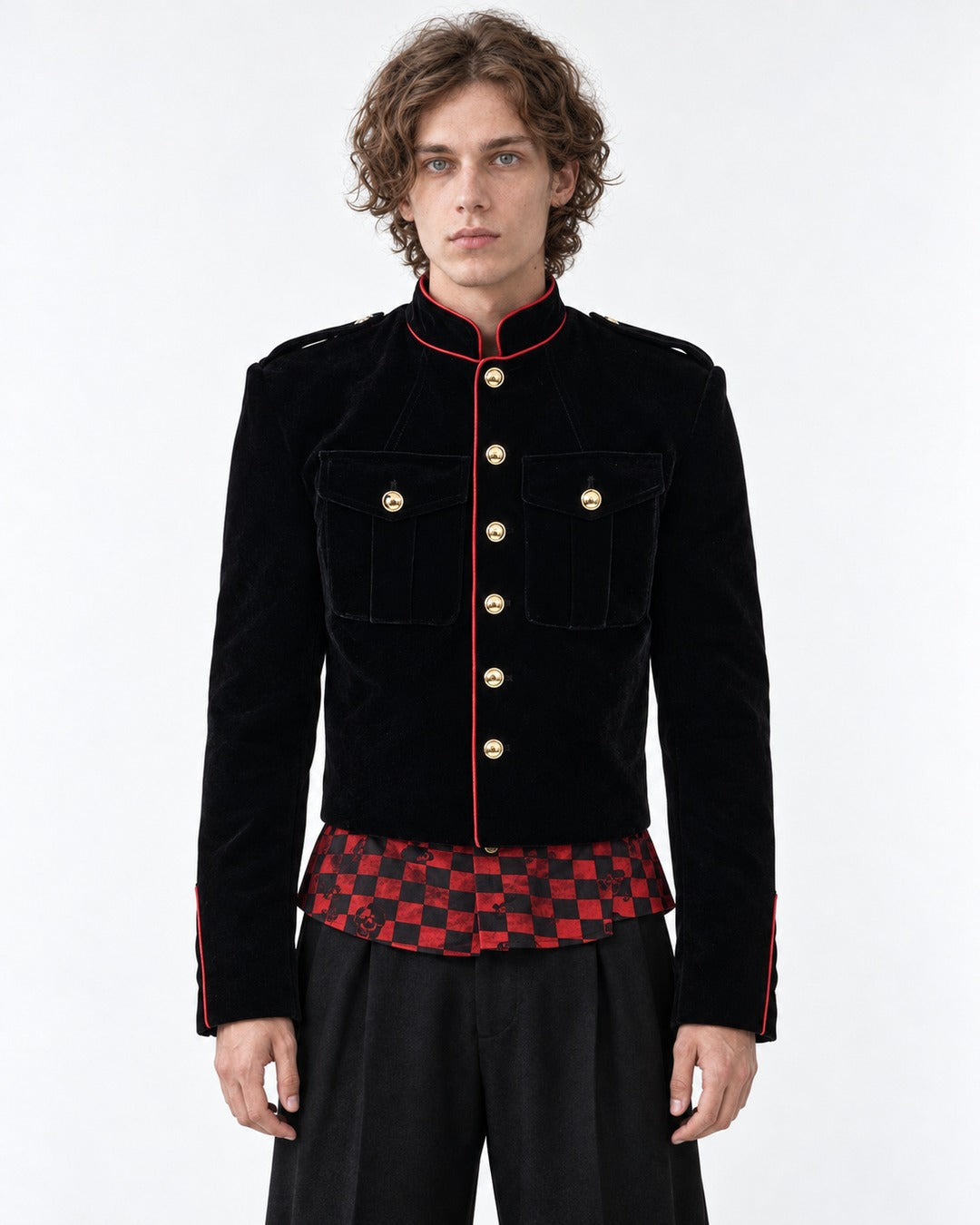 Gold-Trim Military Jacket with Checkered Hem