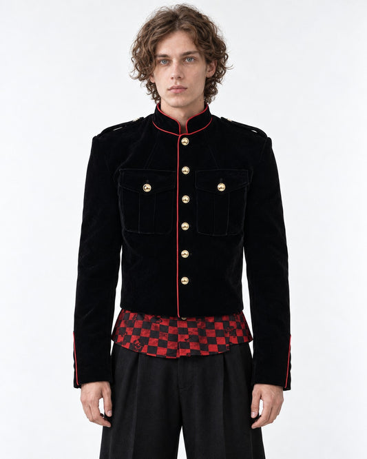 Gold-Trim Military Jacket with Checkered Hem