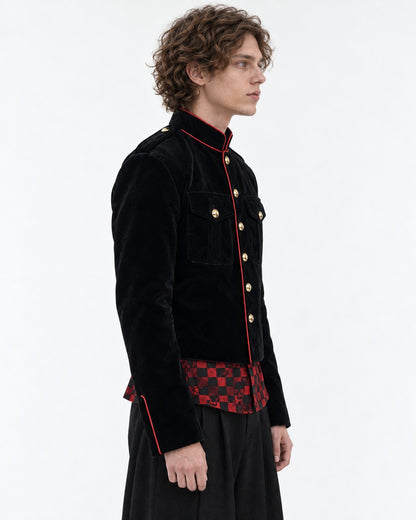 Gold-Trim Military Jacket with Checkered Hem