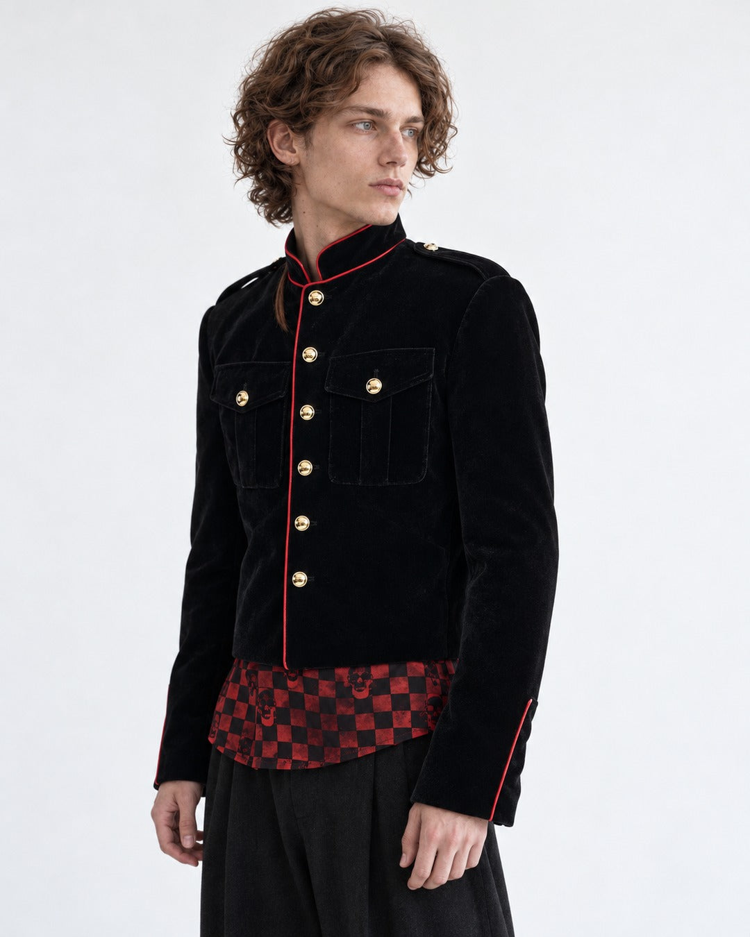 Gold-Trim Military Jacket with Checkered Hem