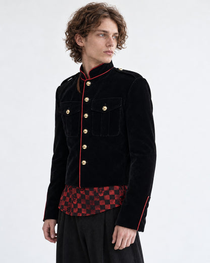 Gold-Trim Military Jacket with Checkered Hem