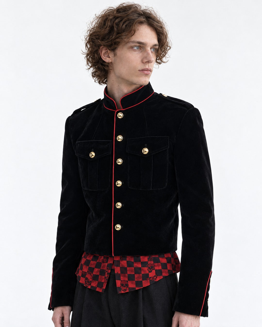 Gold-Trim Military Jacket with Checkered Hem