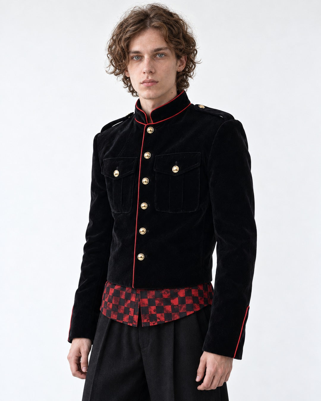 Gold-Trim Military Jacket with Checkered Hem