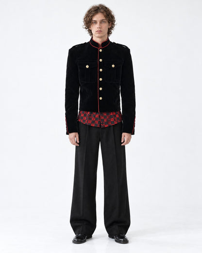 Gold-Trim Military Jacket with Checkered Hem