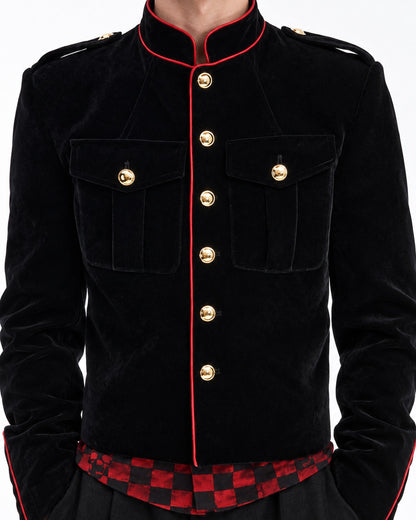 Gold-Trim Military Jacket with Checkered Hem