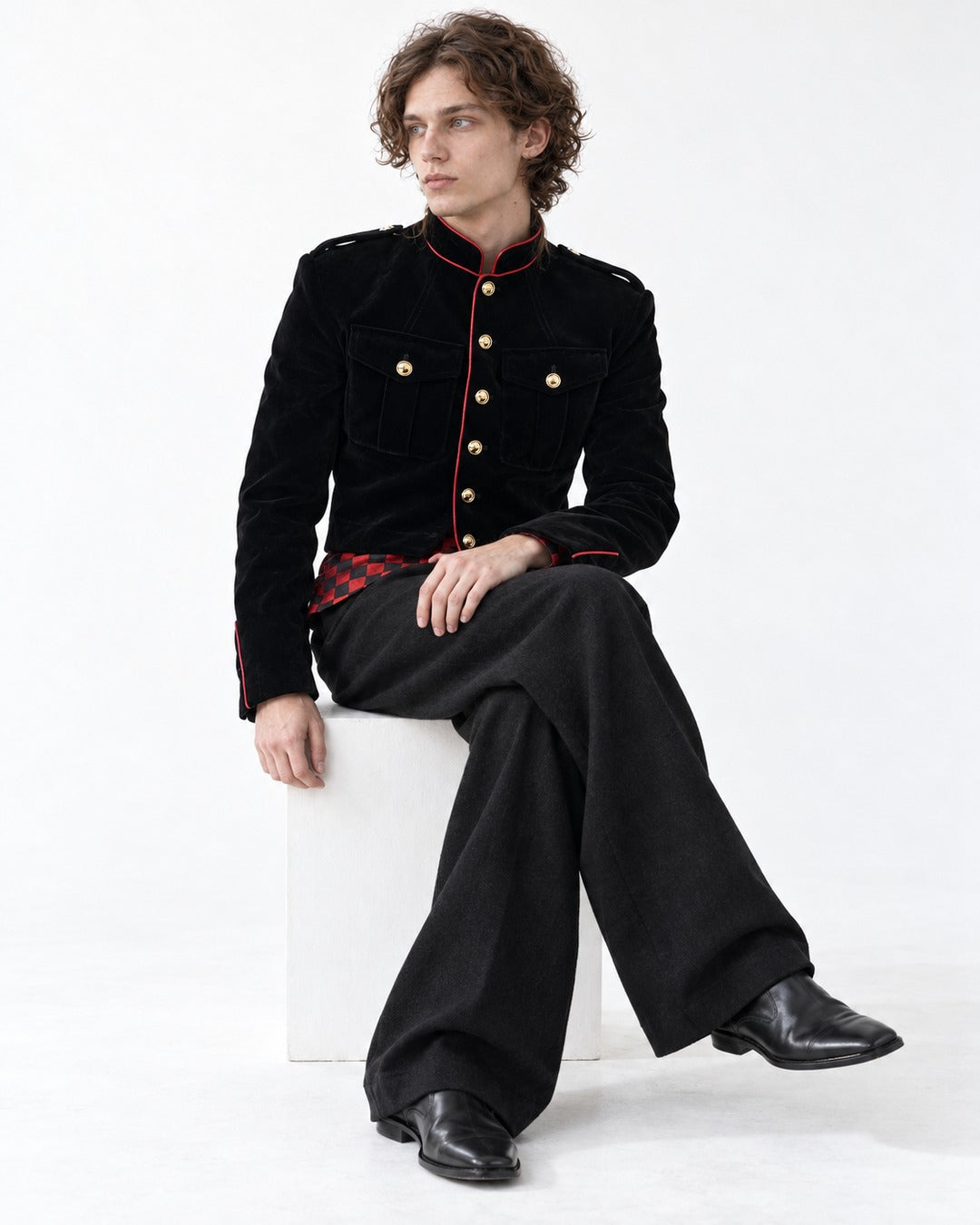 Gold-Trim Military Jacket with Checkered Hem