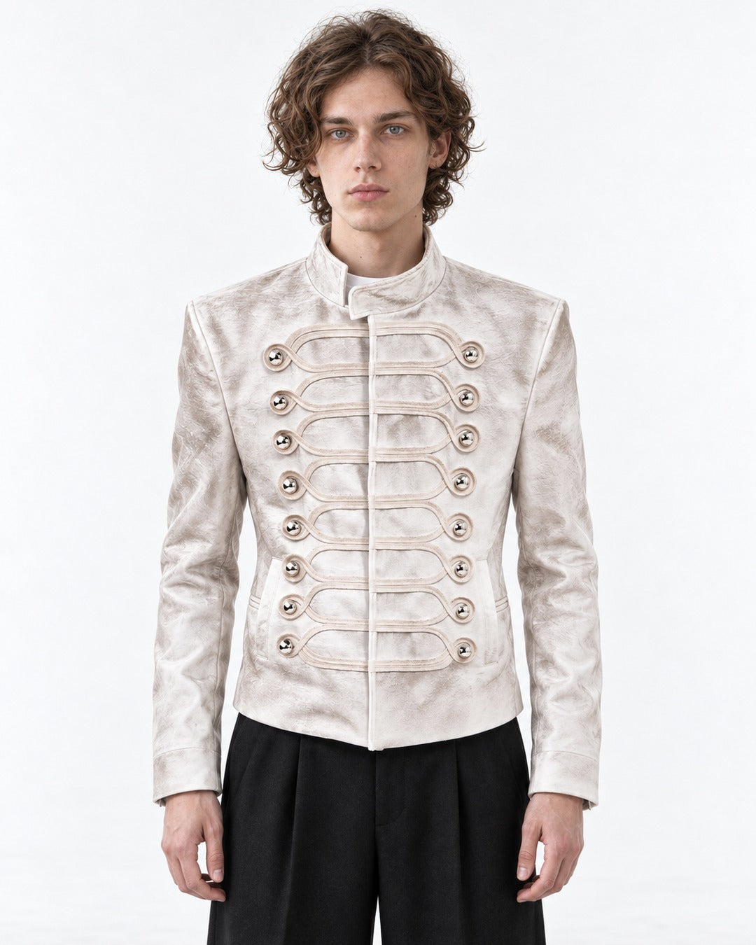 Stand-Collar Braided-Button Military Jacket