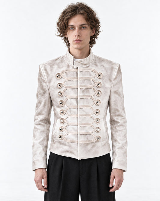 Stand-Collar Braided-Button Military Jacket