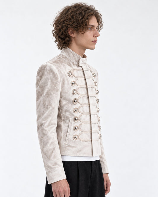 Stand-Collar Braided-Button Military Jacket