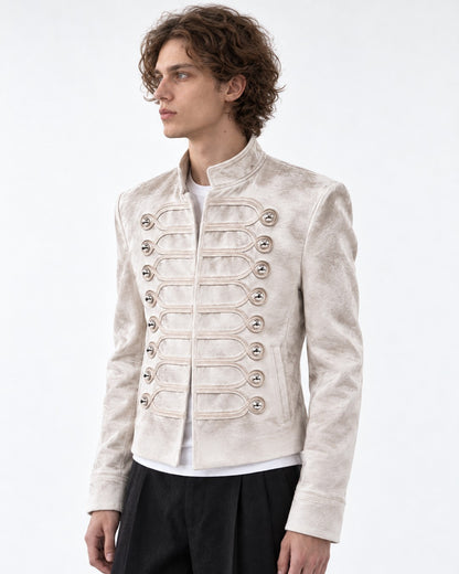 Stand-Collar Braided-Button Military Jacket