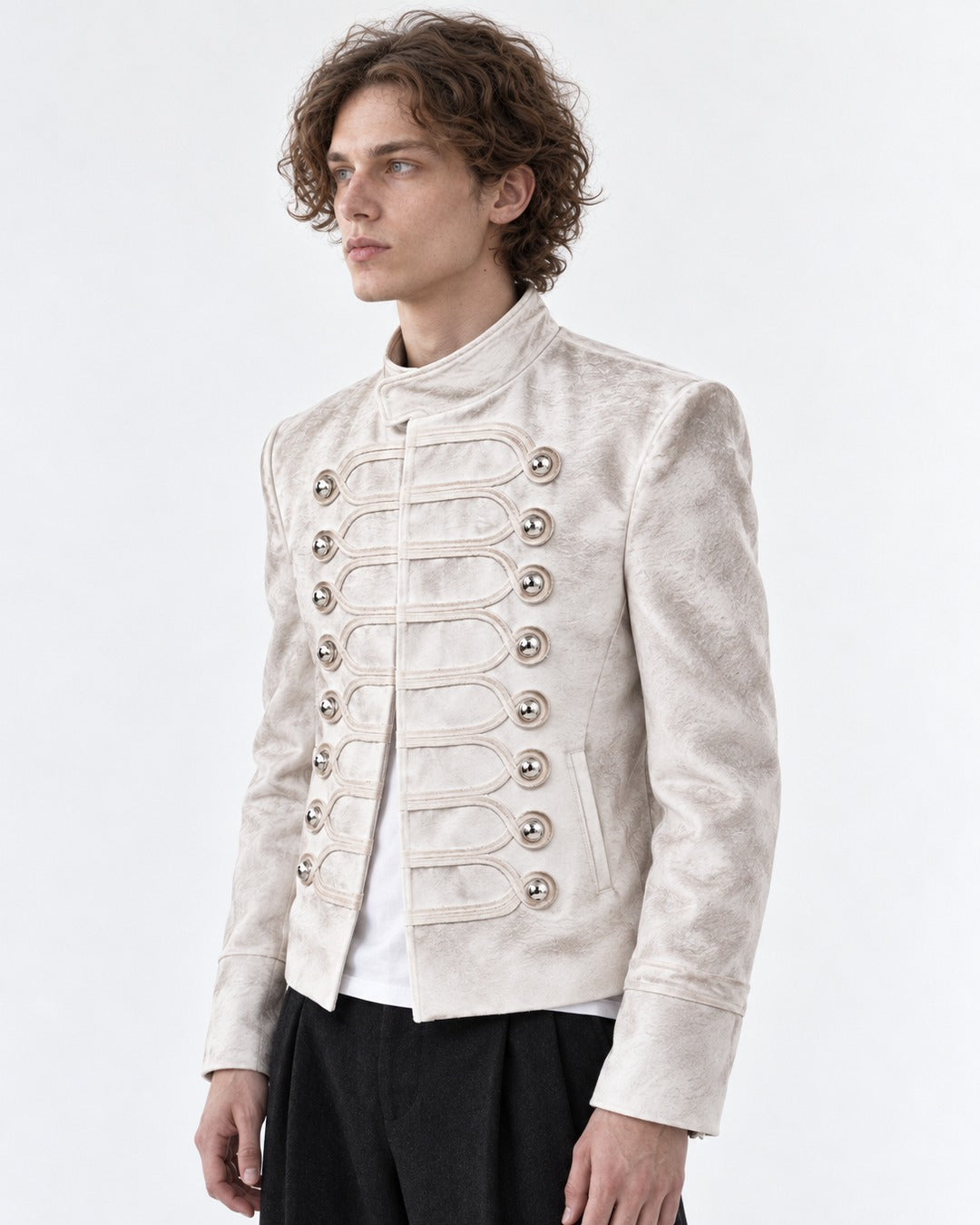 Stand-Collar Braided-Button Military Jacket