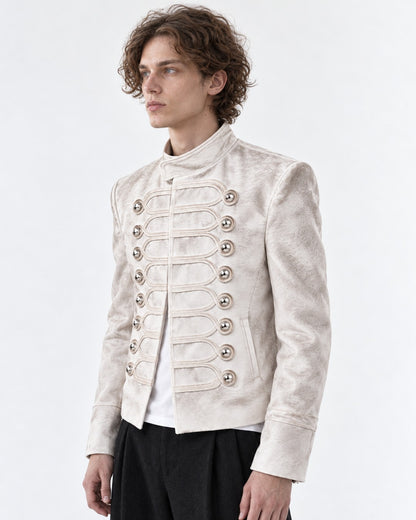 Stand-Collar Braided-Button Military Jacket