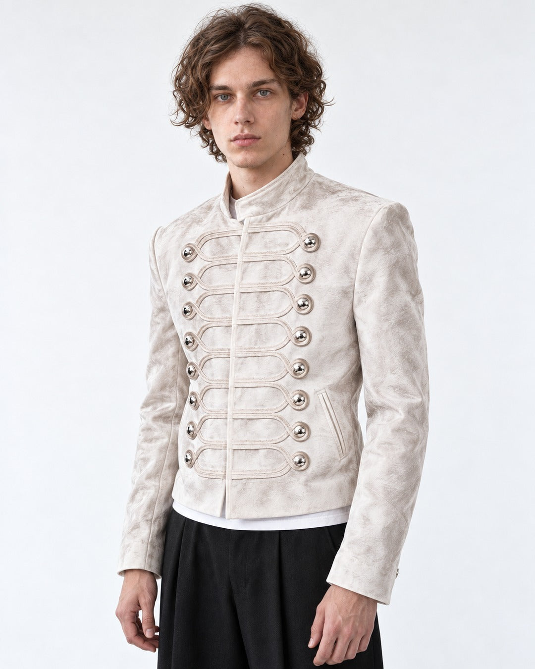 Stand-Collar Braided-Button Military Jacket