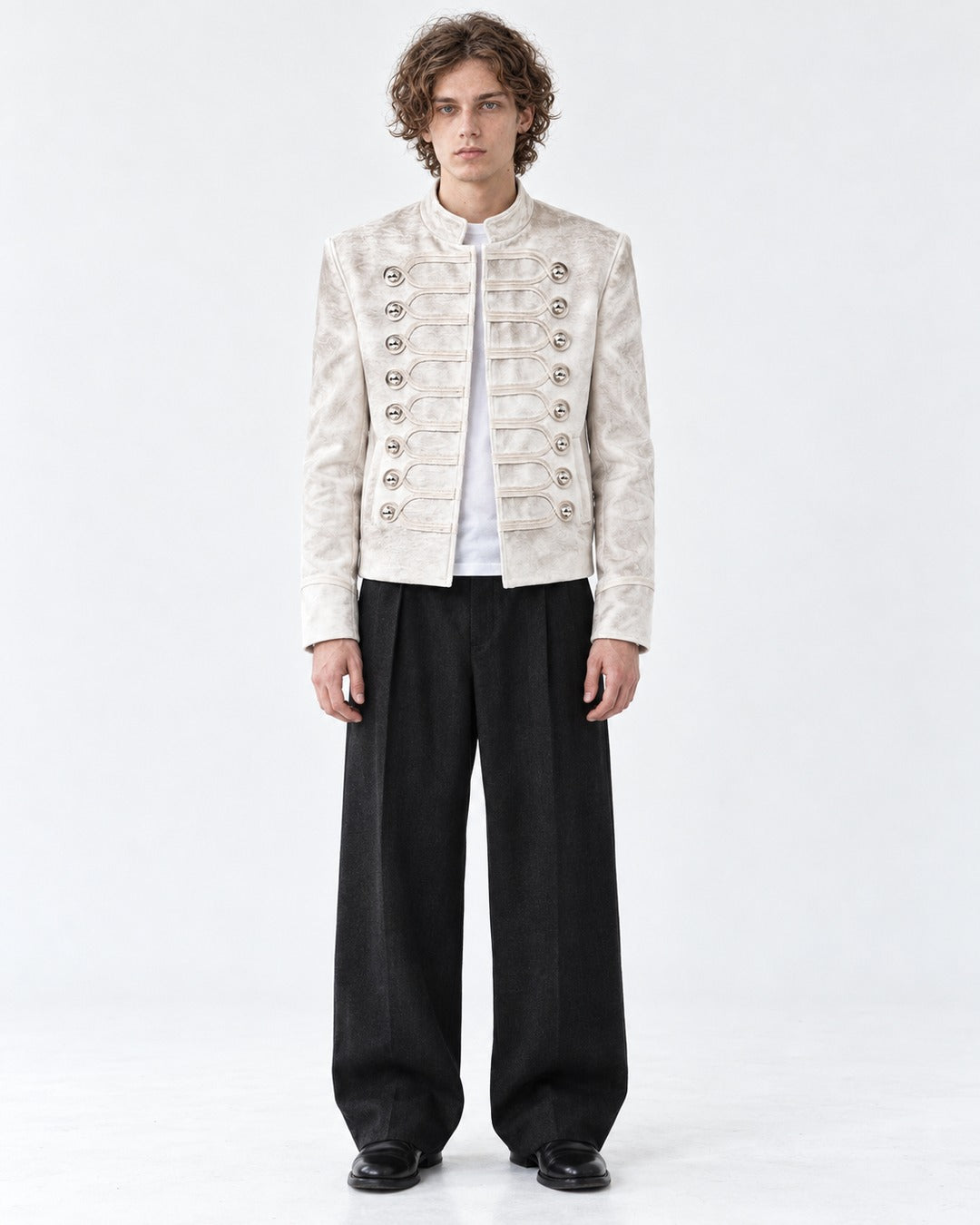Stand-Collar Braided-Button Military Jacket