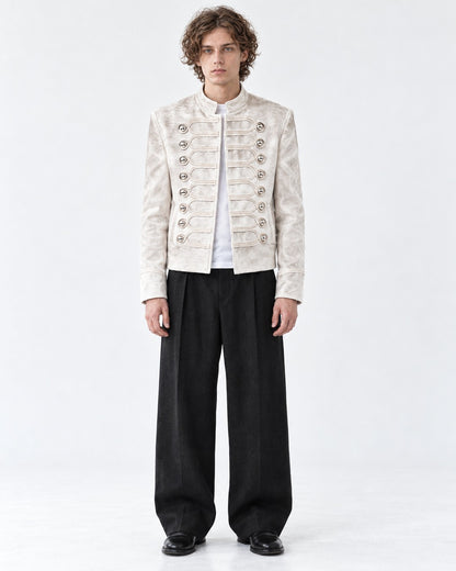 Stand-Collar Braided-Button Military Jacket