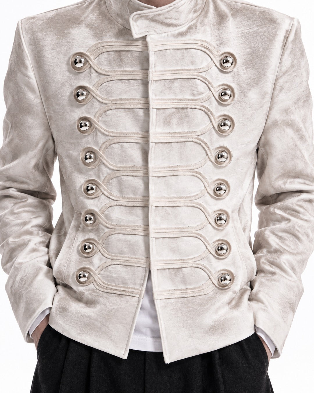 Stand-Collar Braided-Button Military Jacket