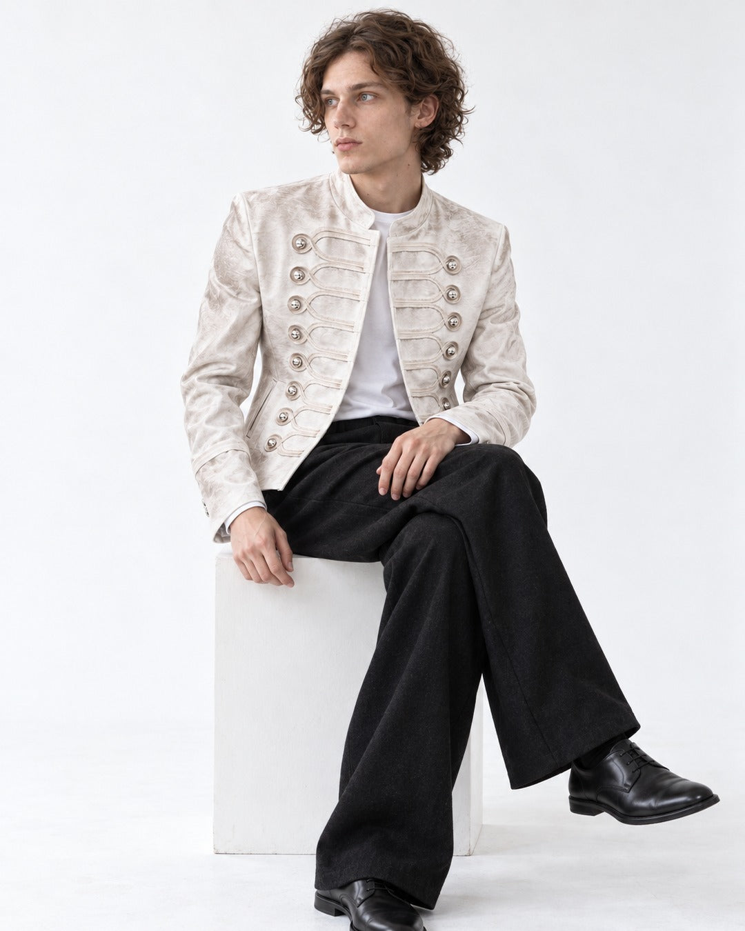 Stand-Collar Braided-Button Military Jacket