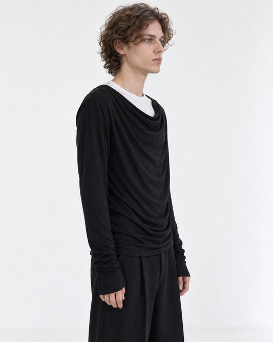 Draped Cowl-Neck Long Sleeve Top