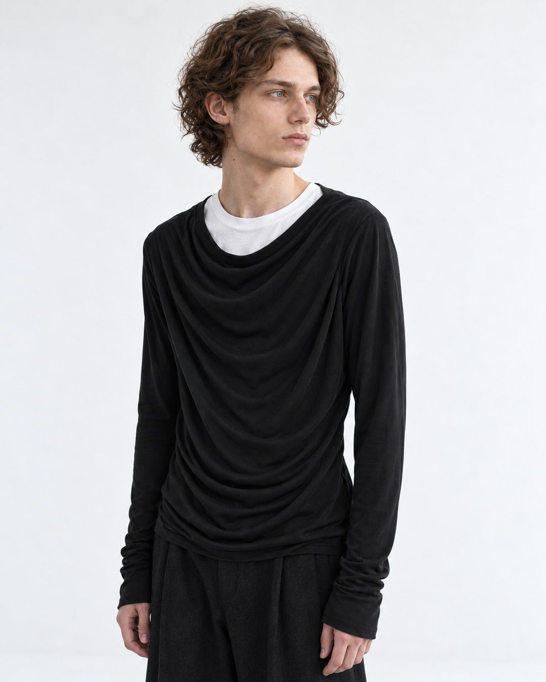 Draped Cowl-Neck Long Sleeve Top