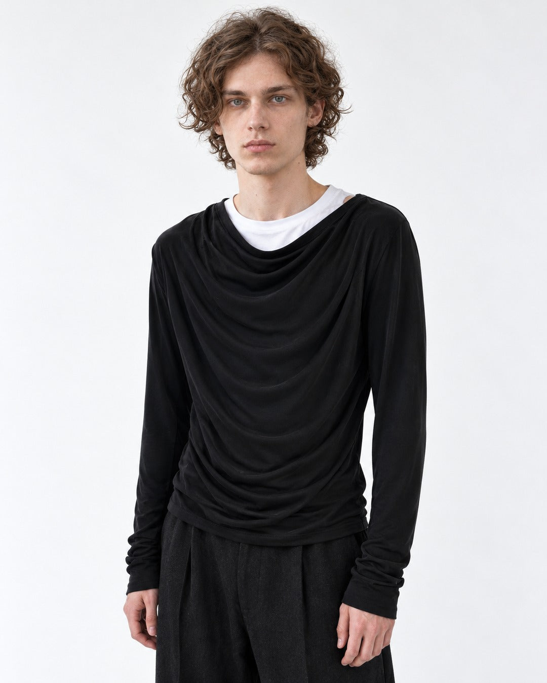 Draped Cowl-Neck Long Sleeve Top
