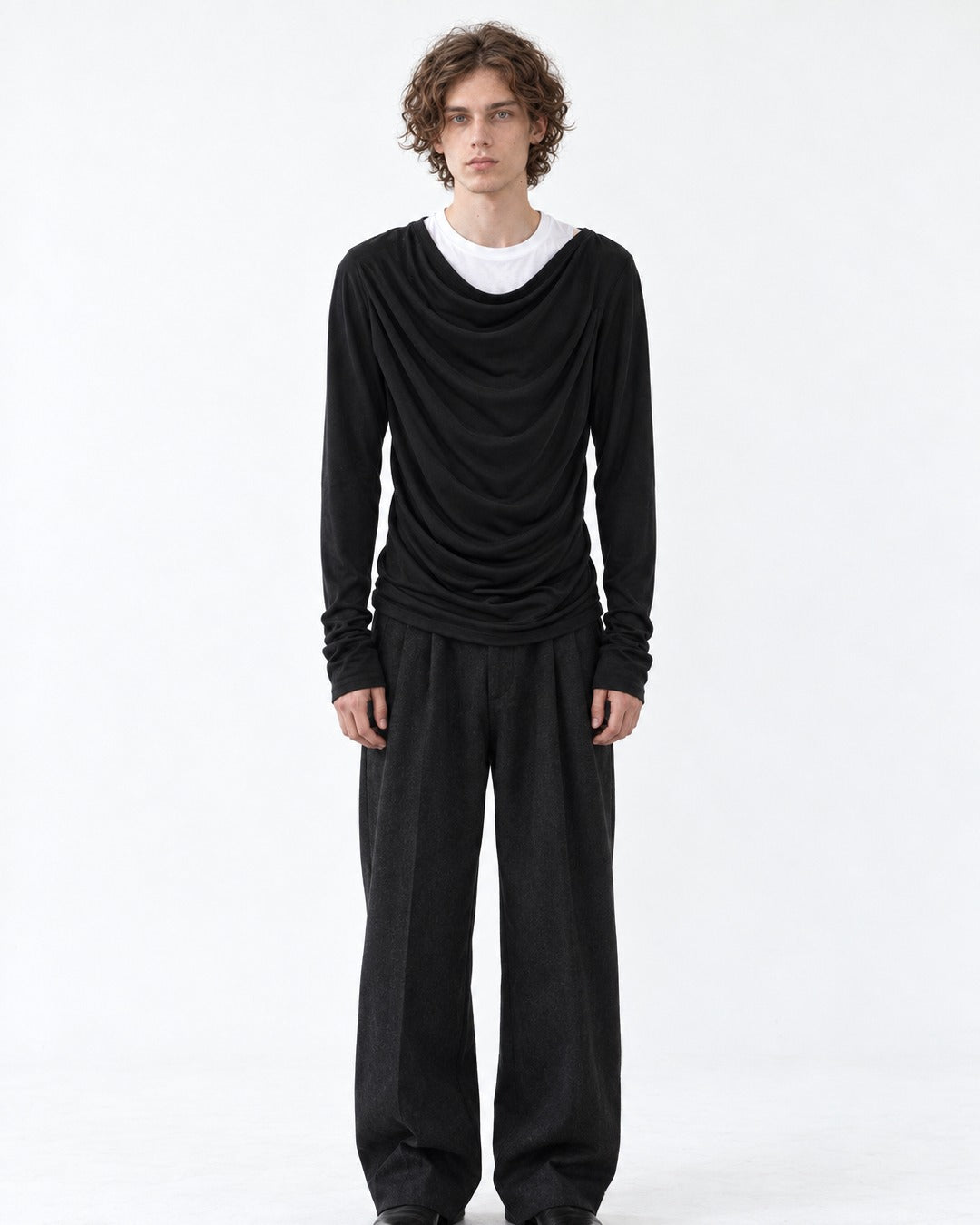 Draped Cowl-Neck Long Sleeve Top