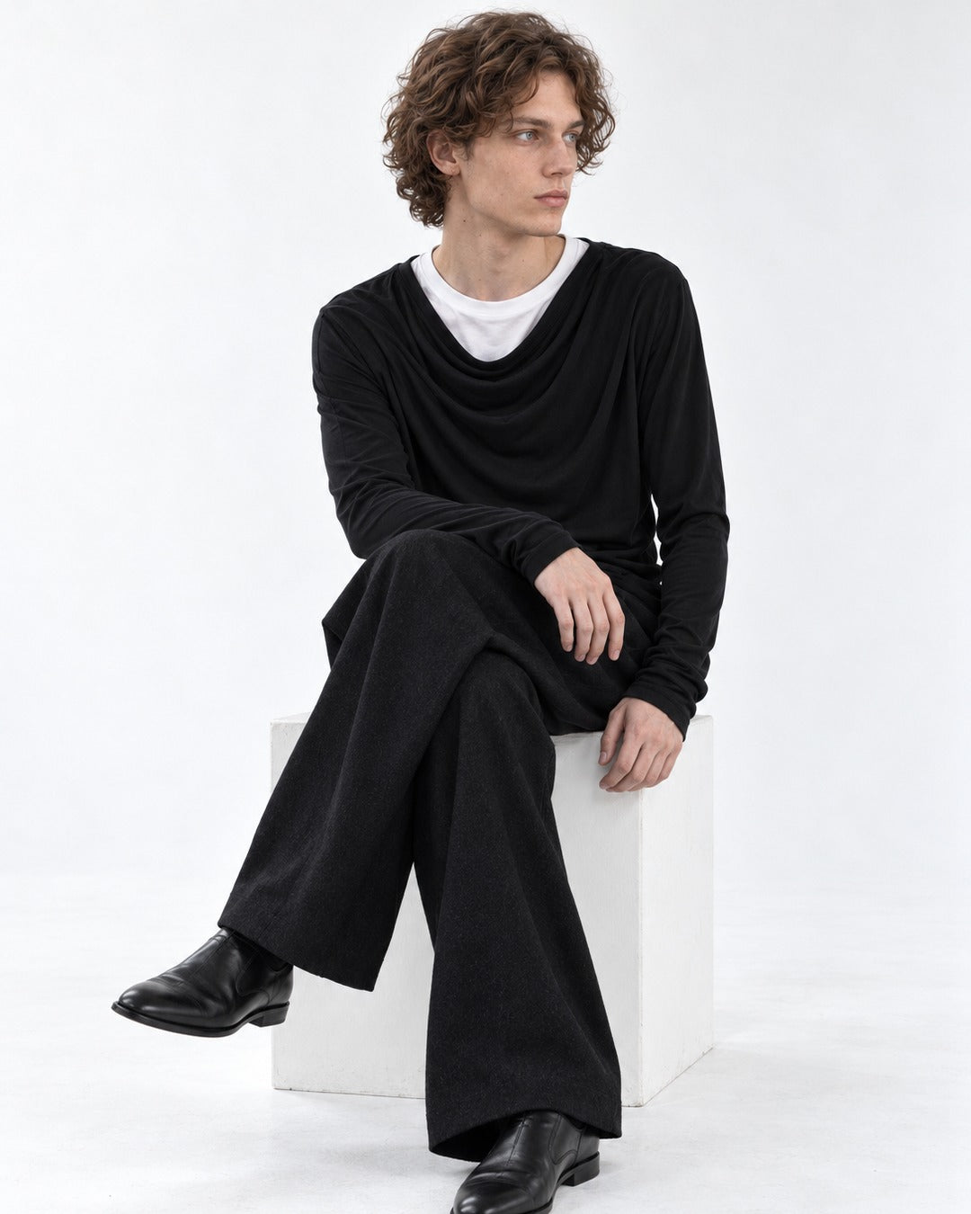 Draped Cowl-Neck Long Sleeve Top