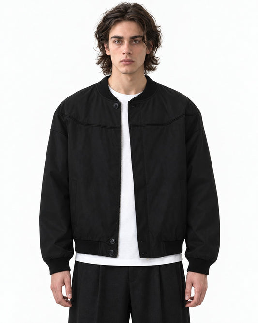 Snap Placket Ribbed Bomber Jacket