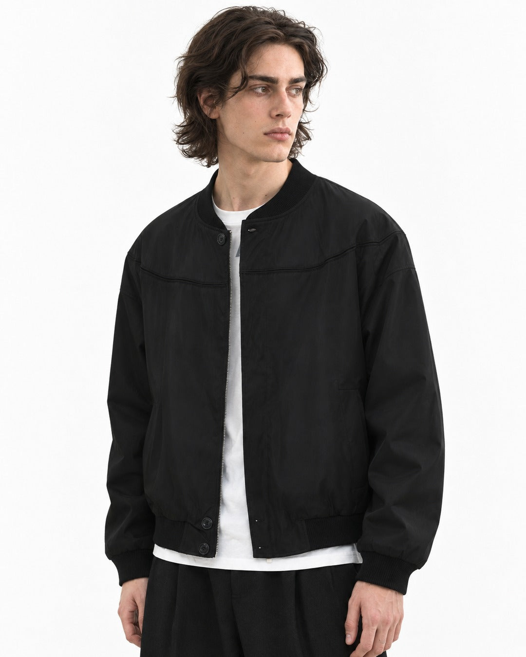 Snap Placket Ribbed Bomber Jacket