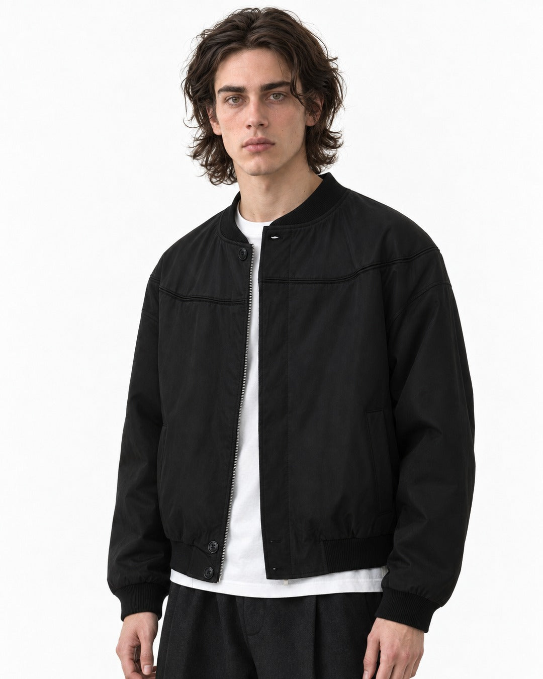 Snap Placket Ribbed Bomber Jacket