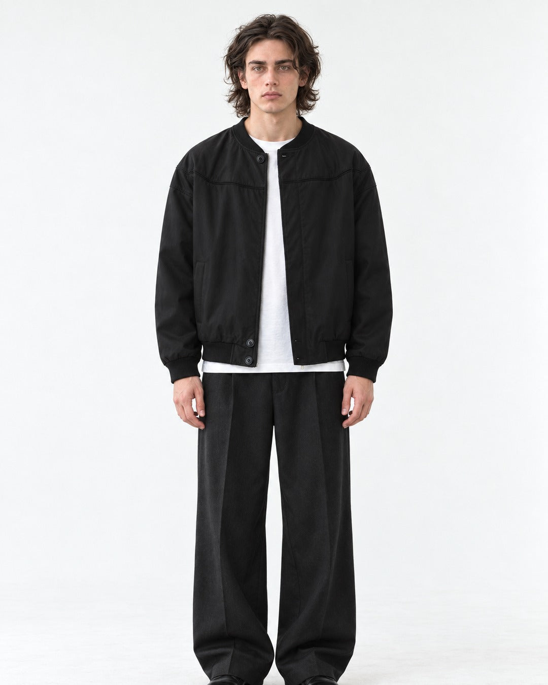 Snap Placket Ribbed Bomber Jacket