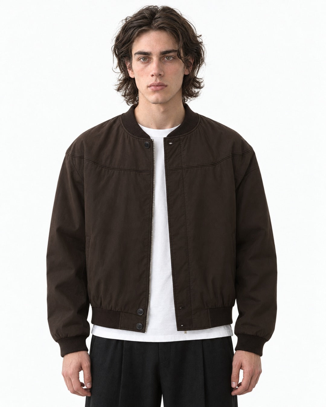 Snap Placket Ribbed Bomber Jacket