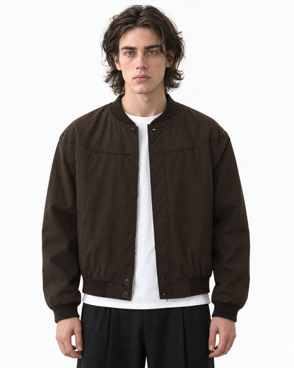 Snap Placket Ribbed Bomber Jacket