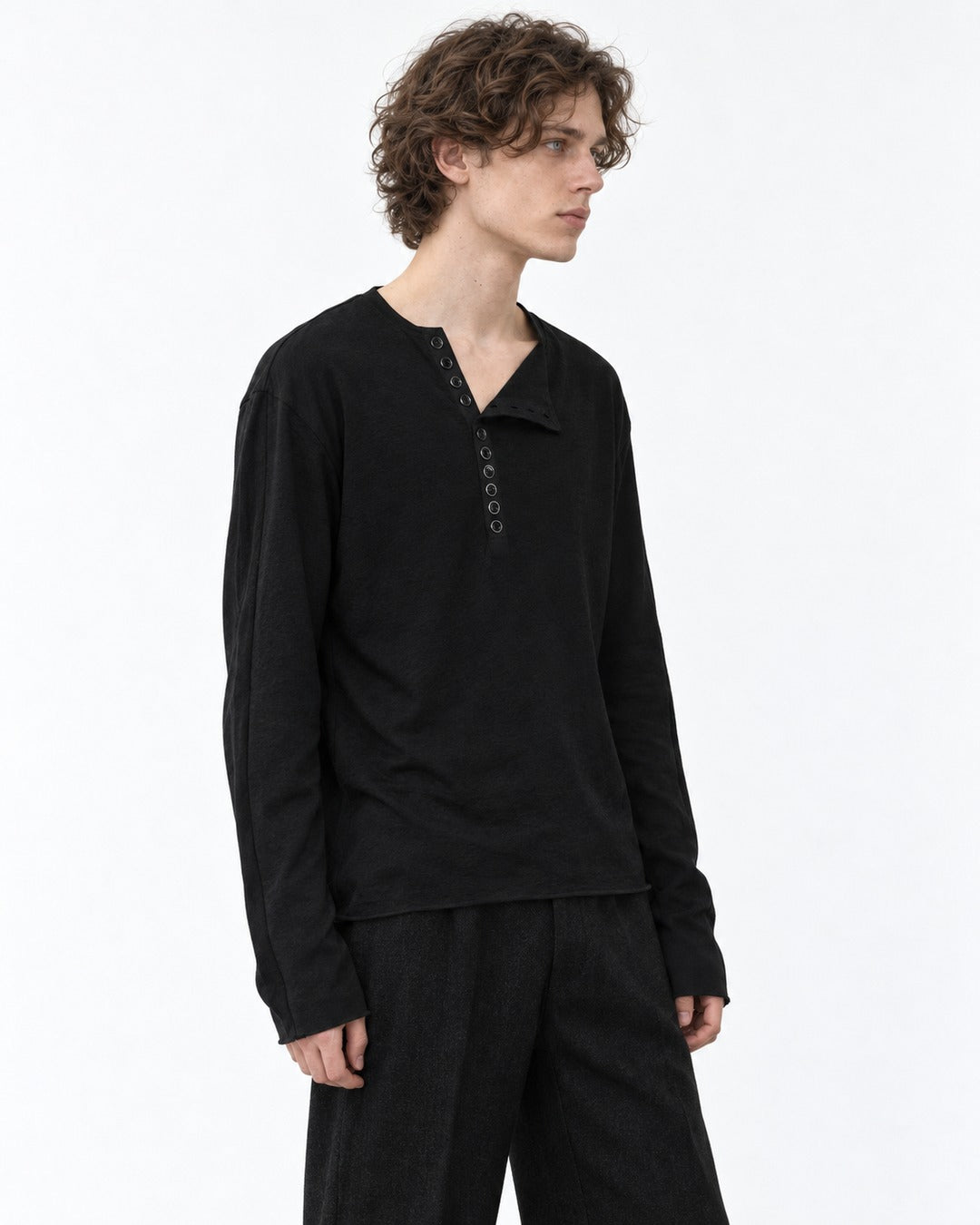 Asymmetric Notch Collar Button-Placket Top