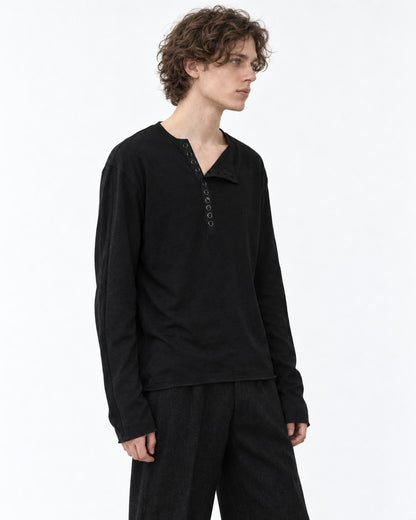 Asymmetric Notch Collar Button-Placket Top
