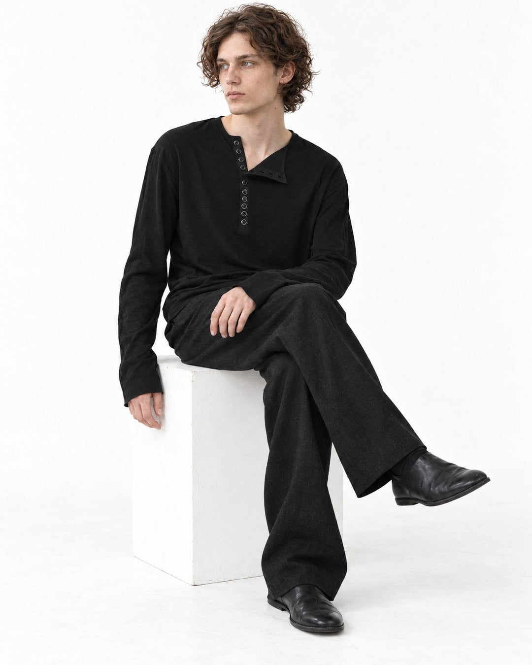 Asymmetric Notch Collar Button-Placket Top