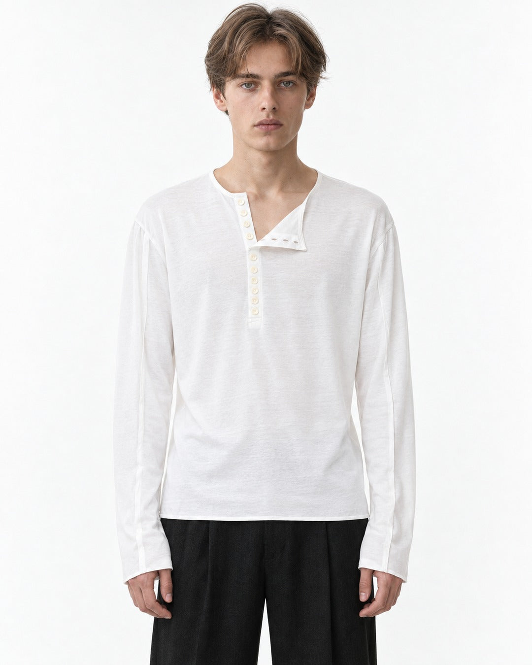 Asymmetric Diagonal-Placket Henley with Raw-Edge Hem