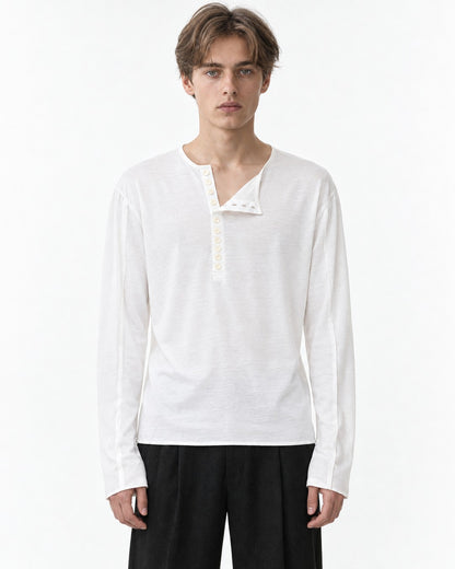 Asymmetric Diagonal-Placket Henley with Raw-Edge Hem