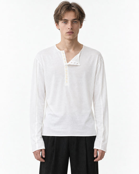 Asymmetric Diagonal-Placket Henley with Raw-Edge Hem