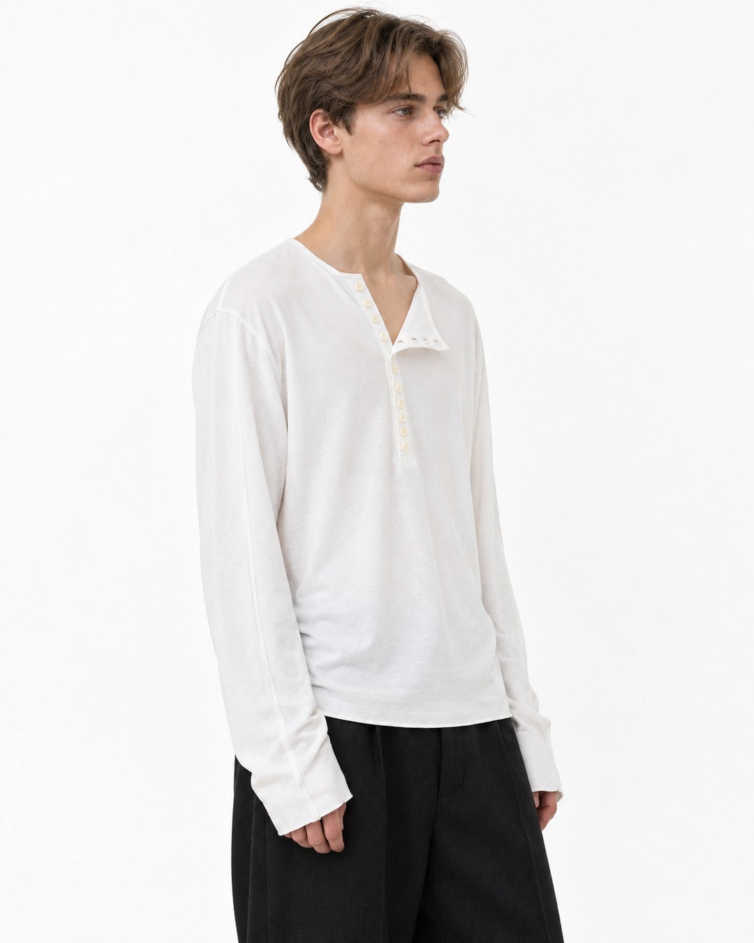 Asymmetric Diagonal-Placket Henley with Raw-Edge Hem