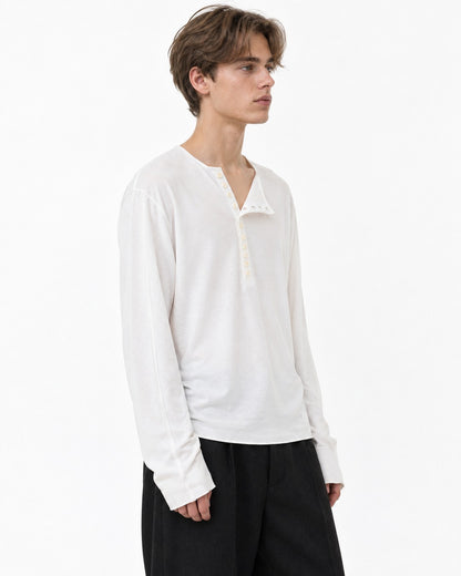 Asymmetric Diagonal-Placket Henley with Raw-Edge Hem