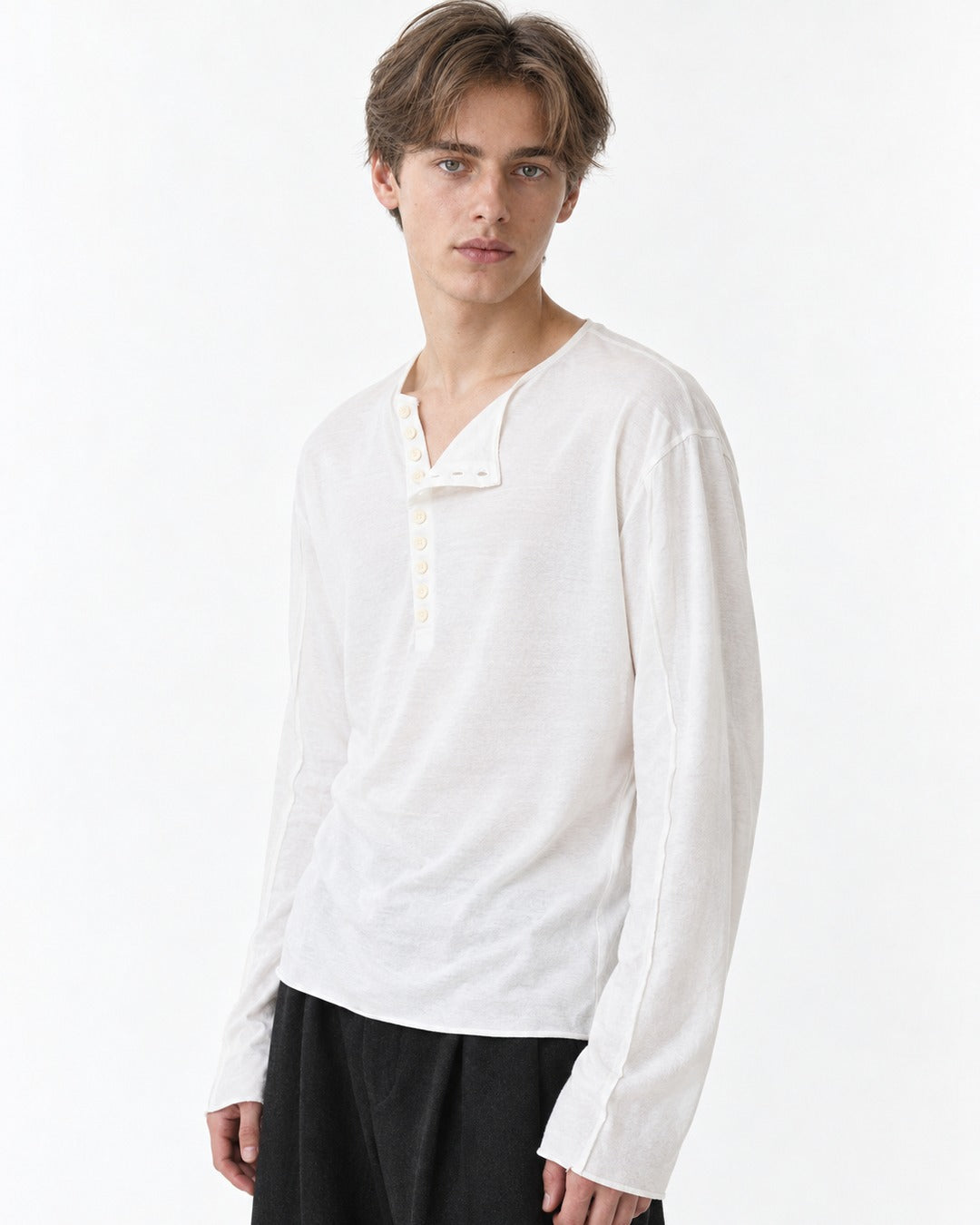 Asymmetric Diagonal-Placket Henley with Raw-Edge Hem